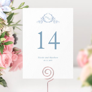 Número de mesa de boda con monograma azul elegante