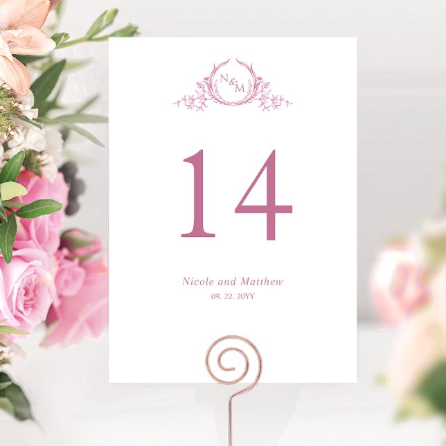 Número de Mesa de Boda con Monograma Blanco y Rosa (Subido por el creador)