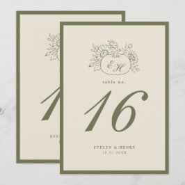 Número de mesa de boda con monograma de oliva crem