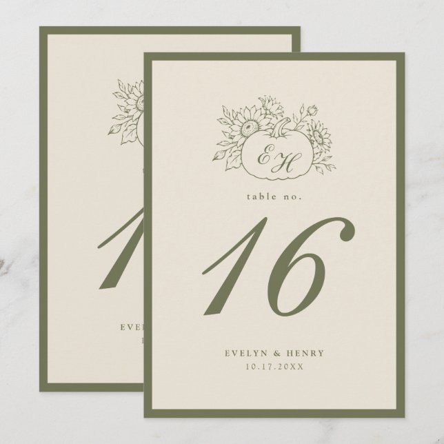 Número de mesa de boda con monograma de oliva crem (Anverso / Reverso)