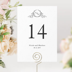Número de Mesa de Boda con Monograma en Blanco y N
