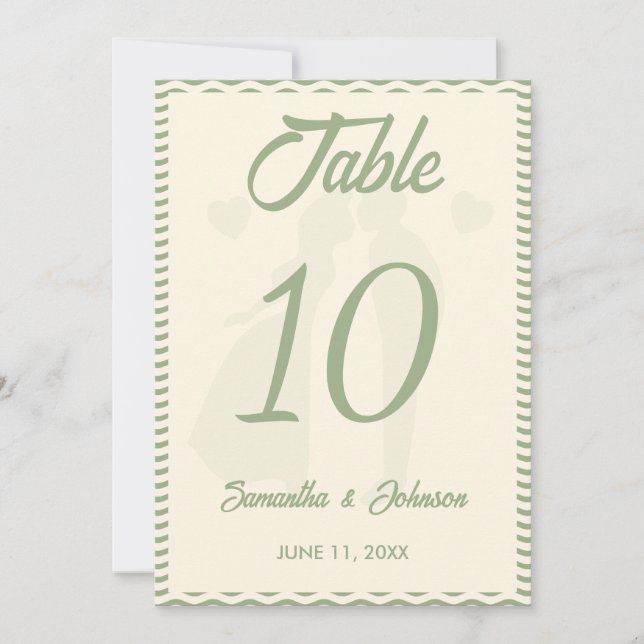 Número de mesa de boda con raya ondulada verde sal (Anverso)