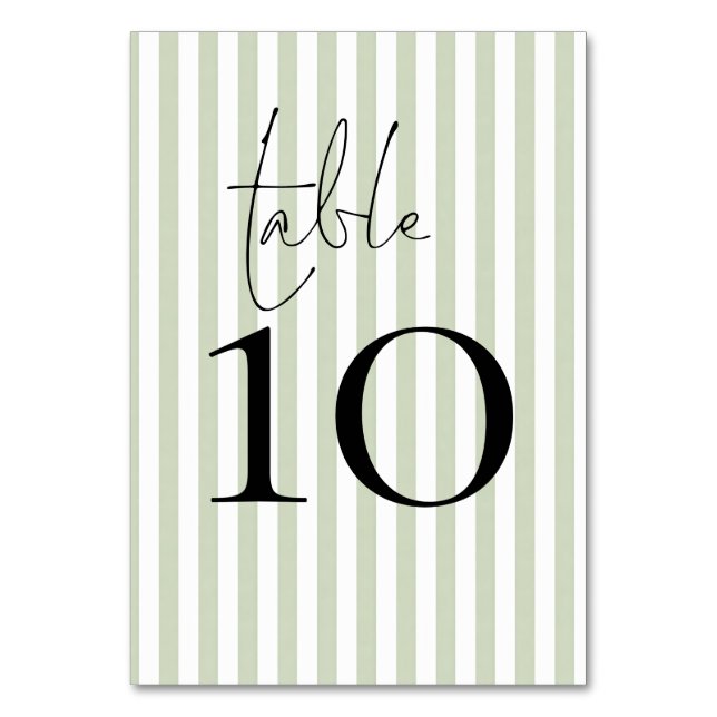 Número de mesa de boda con rayas verde salvia (Anverso)