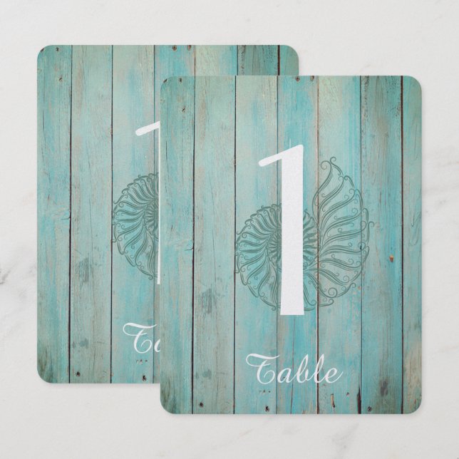 Número de mesa de boda Concha azul sobre madera (Anverso / Reverso)