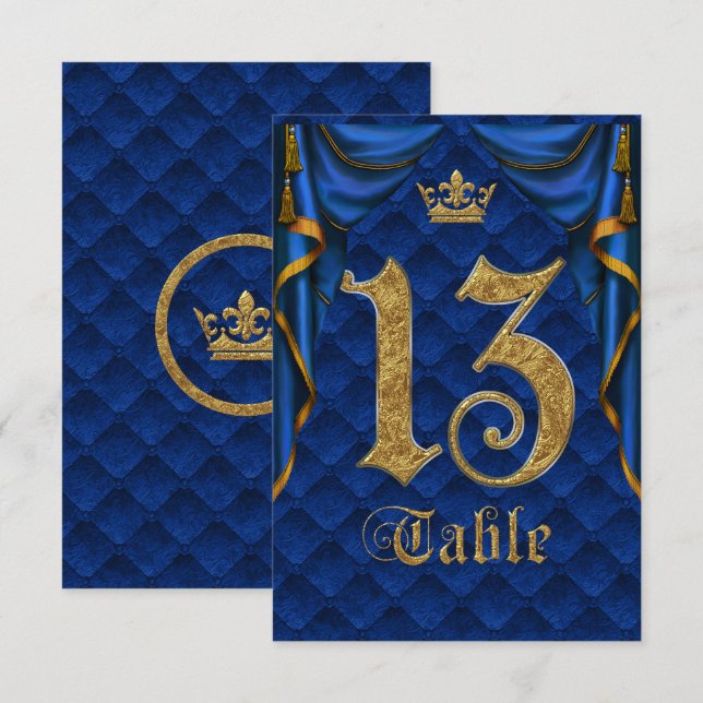 Número de mesa de boda Corona de Oro Azul Real 13 (Anverso / Reverso)
