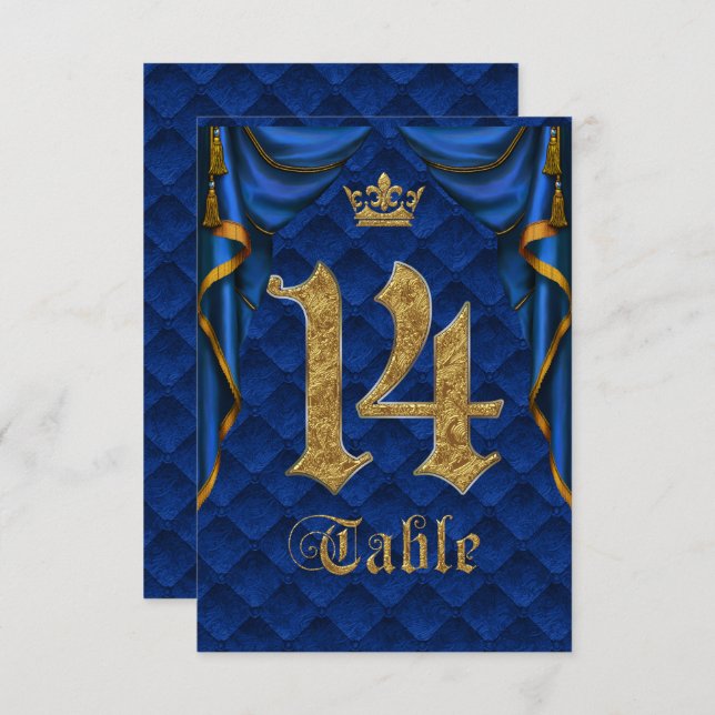 Número de mesa de boda Corona Dorada Azul Real 14 (Anverso / Reverso)