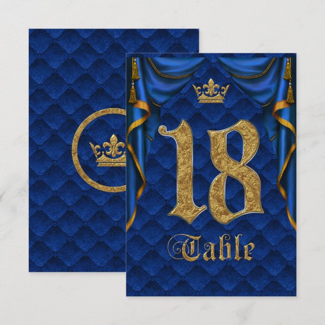 Número de mesa de boda Corona Dorada Azul Real 18 (Anverso / Reverso)