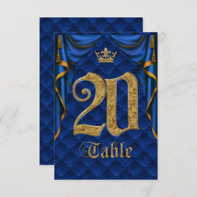 Número de mesa de boda Corona Dorada Azul Real 20 (Anverso / Reverso)