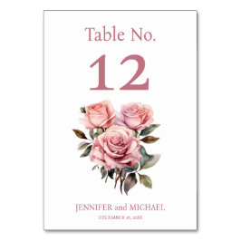 Número de mesa de boda de acuarela de rosas rosada
