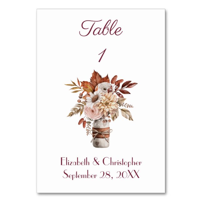 Número de mesa de boda de acuarela floral de otoño (Anverso)