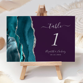 Número de mesa de boda de ágata plateada azul turq
