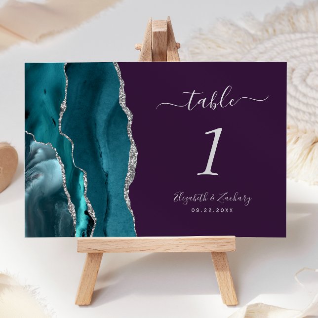 Número de mesa de boda de ágata plateada azul turq (Subido por el creador)