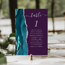 Número de mesa de boda de ágata plateada azul turq