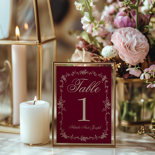 Número de mesa de boda de beige burdeos floral ele (Subido por el creador)