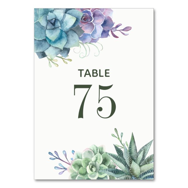 Número de mesa de boda de cactus suculentos acuare (Anverso)