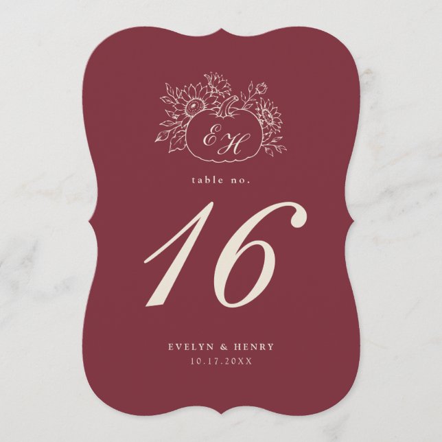 Número de mesa de boda de calabaza de Borgoña con  (Anverso)