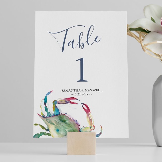 Número de mesa de boda de cangrejo costero (Beach wedding table numbers watercolor blue crab art by Victoria Grigaliunas of Do Tell A Belle)