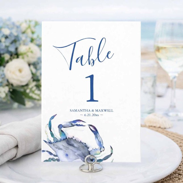 Número de mesa de boda de cangrejo de acuarela azu (Beach wedding table numbers designed with hand painted watercolor crabs in shades of blue)