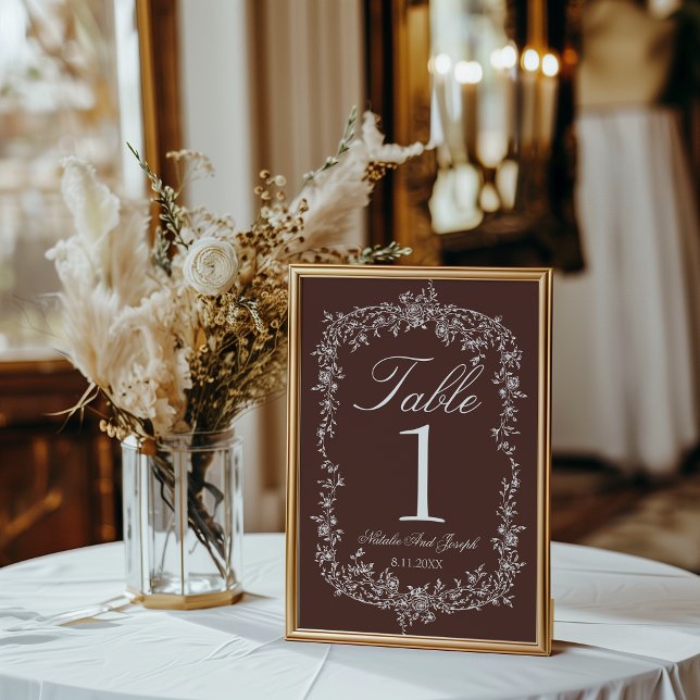 Número de mesa de boda de chocolate marrón floral  (Subido por el creador)