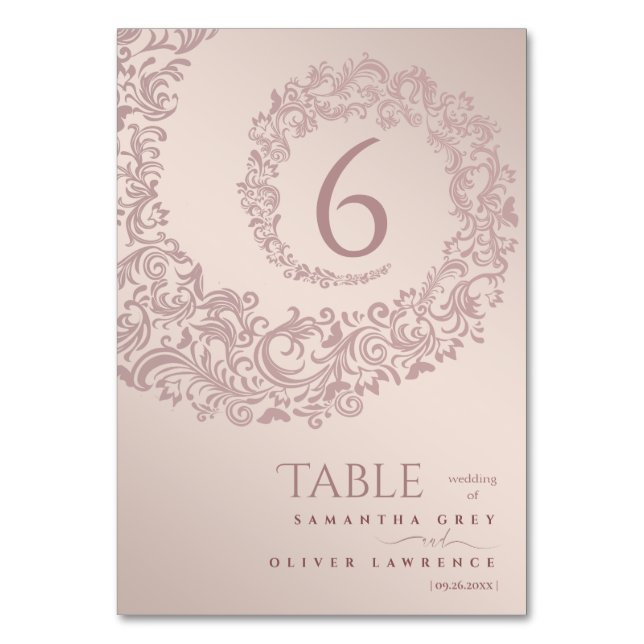 Número de mesa de boda de damasco beige elegante (Anverso)