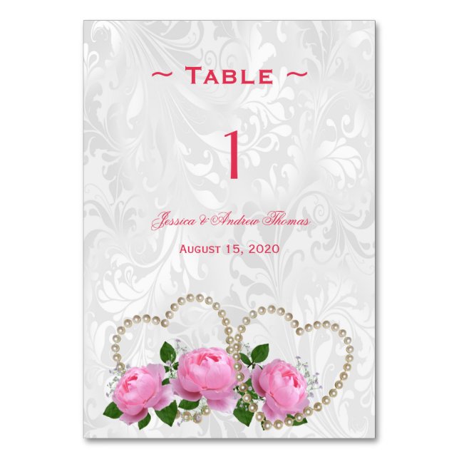 Número de mesa de boda de damasco Pearl Hearts & R (Anverso)
