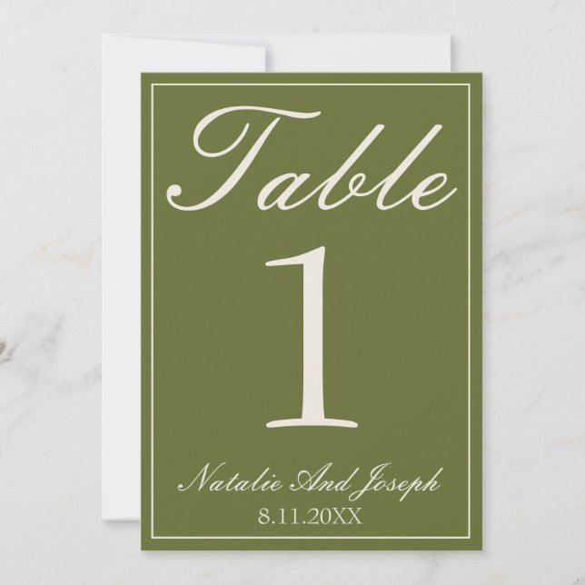 Número de mesa de boda de dinero verde oliva de ch (Anverso)