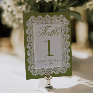 Número de mesa de boda de encaje verde oliva Old M