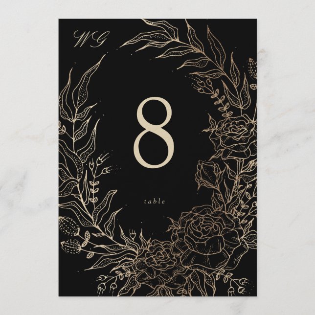 Número de mesa de boda de flores de oro negro 5 x  (Anverso)