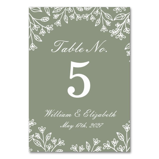 Número de Mesa de Boda de Flores Silvestres Verde  (Anverso)