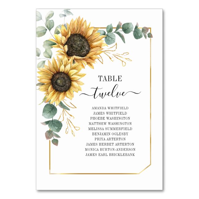 Número de mesa de boda de girasol acuarela 12 (Anverso)