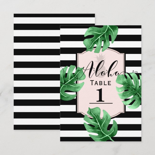 Número de mesa de boda de hojas tropicales y piña (Anverso / Reverso)