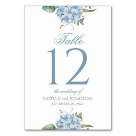 Número de mesa de boda de Hortensia azul polvorien