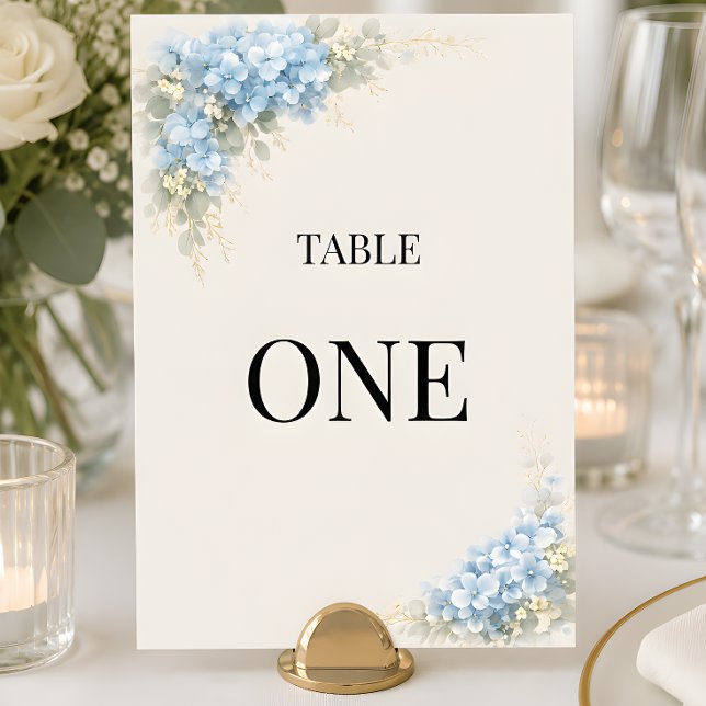 Número de mesa de boda de Hortensia Azul Polvorien (Part of the luxury dusty blue hydrangea wedding collection, table number card)