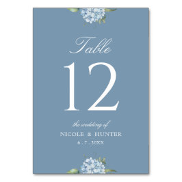 Número de mesa de boda de hortensia azul polvorien