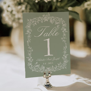 Número de mesa de boda de jardín verde salvia flor