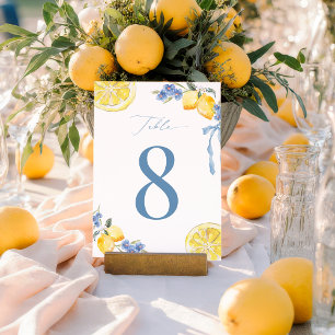 Número de mesa de boda de limón con lazo azul ital
