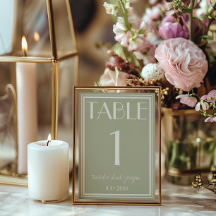 Número de mesa de boda de marfil verde polvoriento