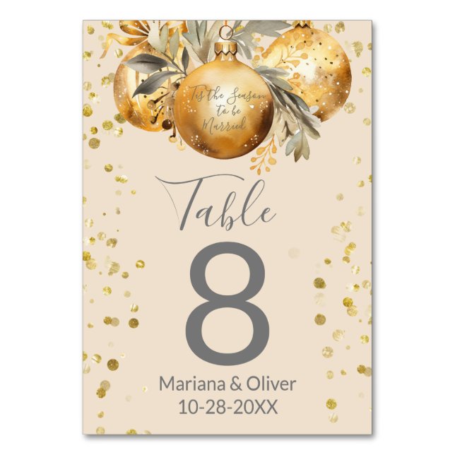 Número de mesa de boda de Navidad beige dorado (Anverso)