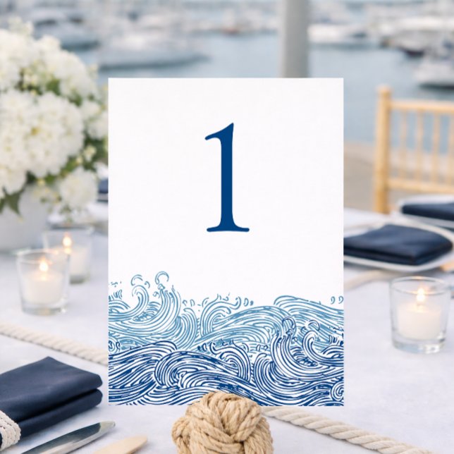Número de mesa de boda de olas del océano náutico  (Blue Ocean Waves Wedding Table Number for a Yacht Club Wedding by Concertina Press)