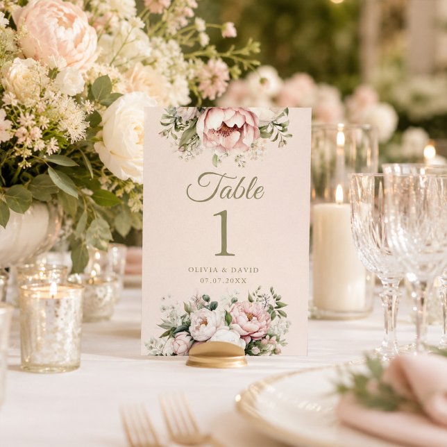 Número de mesa de boda de peonía marfil y rosado (Blush & Ivory Peony Wedding Table Number)