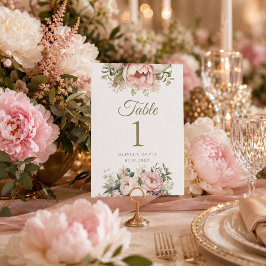 Número de mesa de boda de peonía marfil y rosado