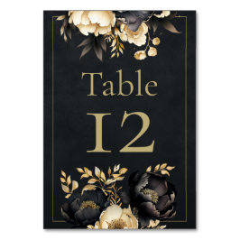 Número de mesa de boda de peonía negra y dorada