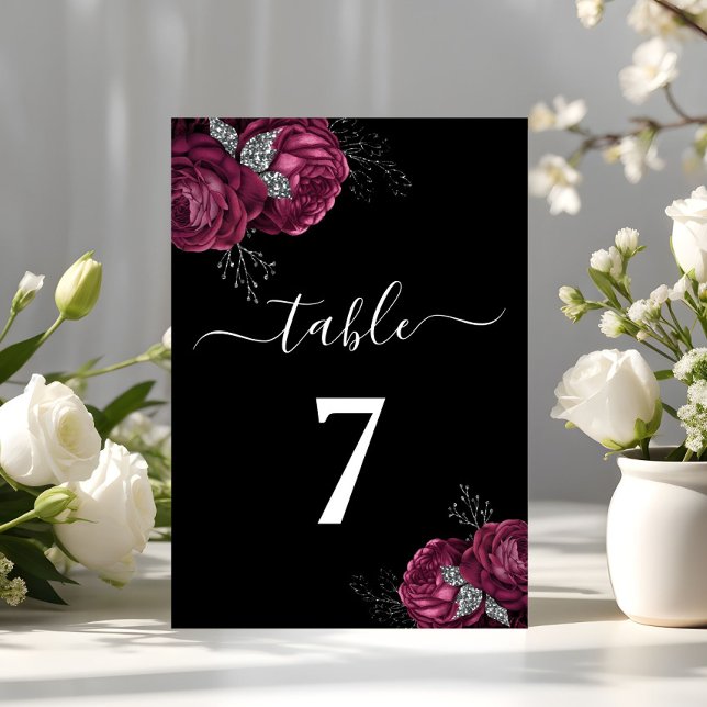 Número de mesa de boda de peonías de flores negras (Black Floral Burgundy Peonies Wedding Table Number)