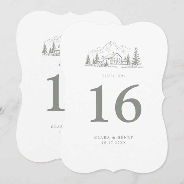 Número de mesa de boda de pino salvia die-cut (Anverso / Reverso)