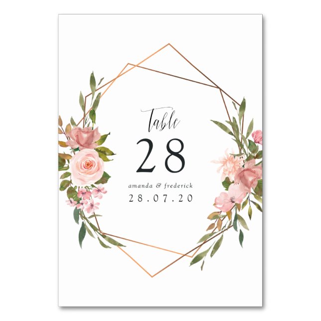 Número de mesa de boda de rosas rosadas geométrica (Anverso)