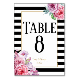 Número de mesa de boda de rosas y rayas rosadas