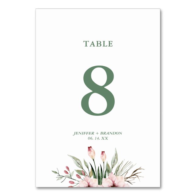 Número de mesa de boda de verano floral acuarela (Anverso)