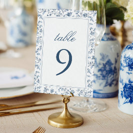 Número de mesa de boda elegante azul chinoiserie