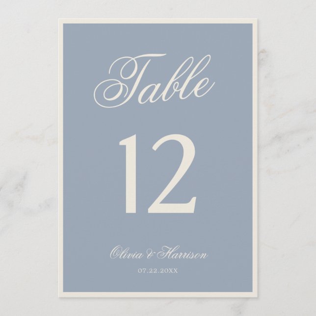 Número de Mesa de Boda Elegante Azul Polvoriento (Anverso)