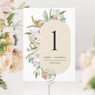 Número de Mesa de Boda Elegante Beige, Floraciones